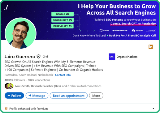 LinkedIn profile of SEO consultant Jairo Guerrero
