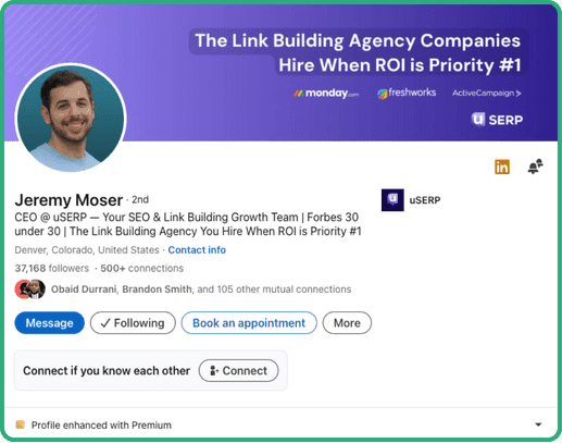 LinkedIn profile of SEO consultant Jeremy Moser