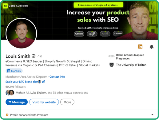 LinkedIn profile of SEO consultant Louis Smith