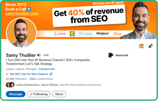 LinkedIn profile of SEO consultant Samy Thuillier