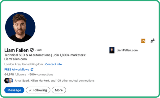 LinkedIn profile of SEO consultant Liam Fallen