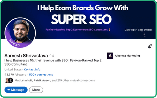 LinkedIn profile of SEO consultant Sarvesh Shrivastava