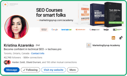 LinkedIn profile of SEO consultant Kristina Azarenko
