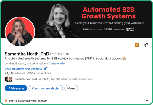 LinkedIn profile of SEO consultant Samantha North