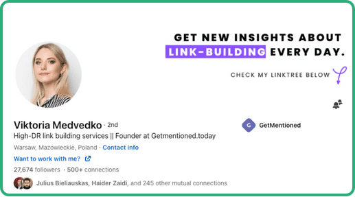LinkedIn profile of SEO consultant Viktoria Medvedko