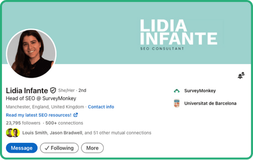 LinkedIn profile of SEO consultant Lidia Infante