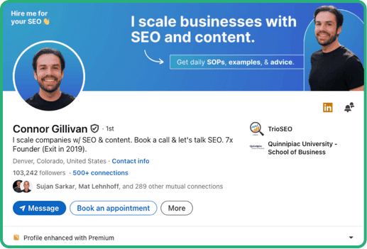 LinkedIn profile of SEO consultant Connor Gillivan