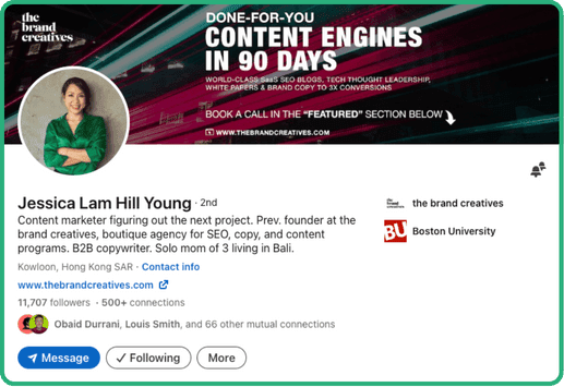 LinkedIn profile of SEO consultant Jessica Lam Hill Young