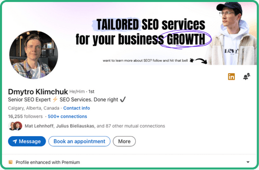 LinkedIn profile of SEO consultant Dmytro Klimchuk