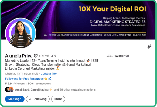 LinkedIn profile of SEO consultant Akmela Priya