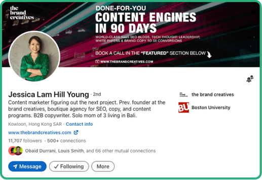LinkedIn profile of SEO consultant Jessica Lam Hill Young