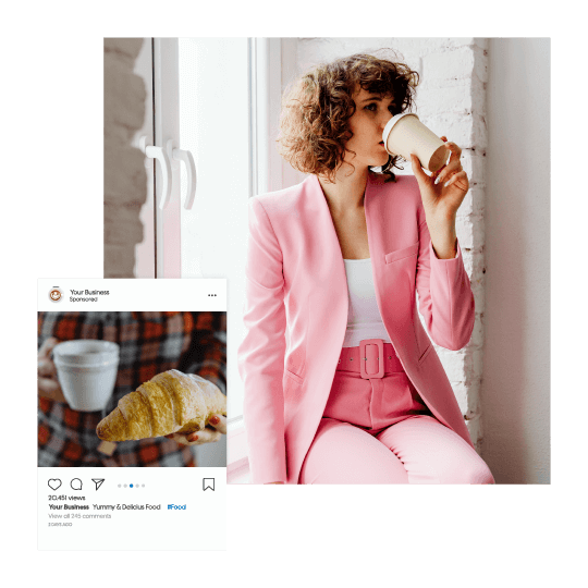 instagram influencer drinking coffee in pink suit instagram post