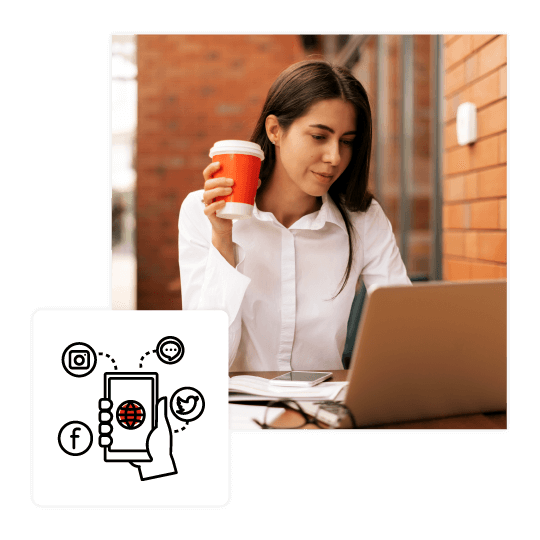 woman holding coffee cup reading social media marketing posts