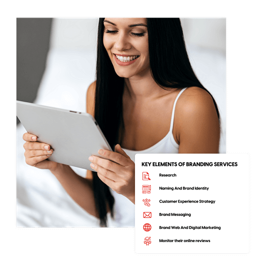 woman looking ipad reading brand development strategies