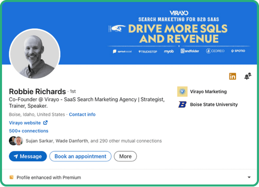 LinkedIn profile of SEO consultant Robbie Richards