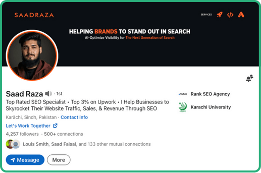 LinkedIn profile of SEO consultant Saad Raza