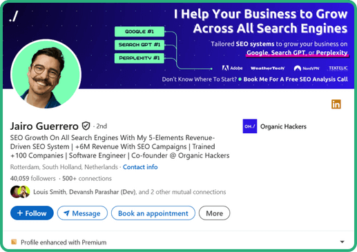 LinkedIn profile of SEO consultant Jairo Guerrero