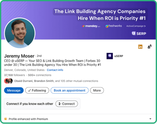LinkedIn profile of SEO consultant Jeremy Moser