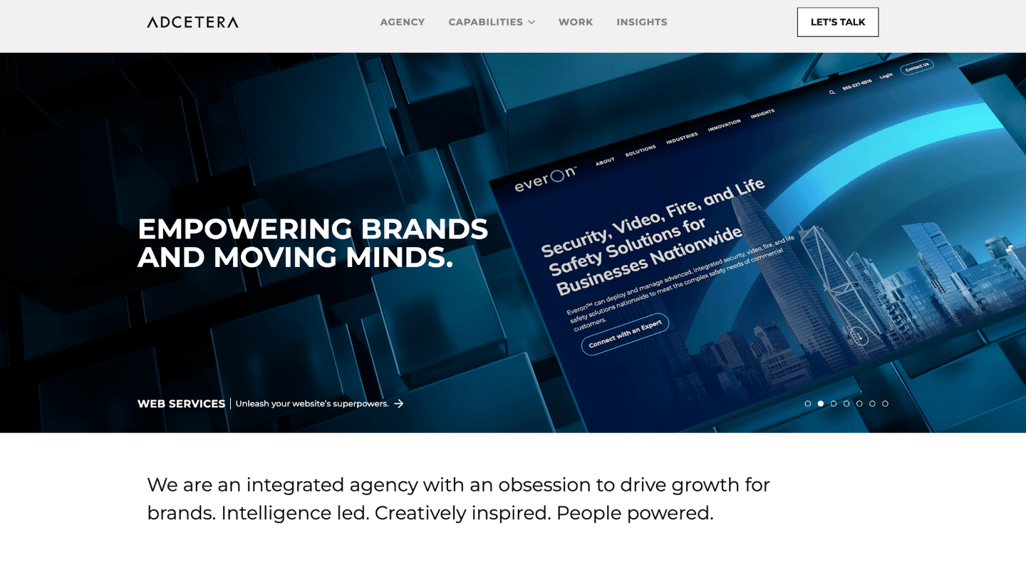 Adcetera homepage highlighting integrated marketing, web services, and brand growth for Houston businesses