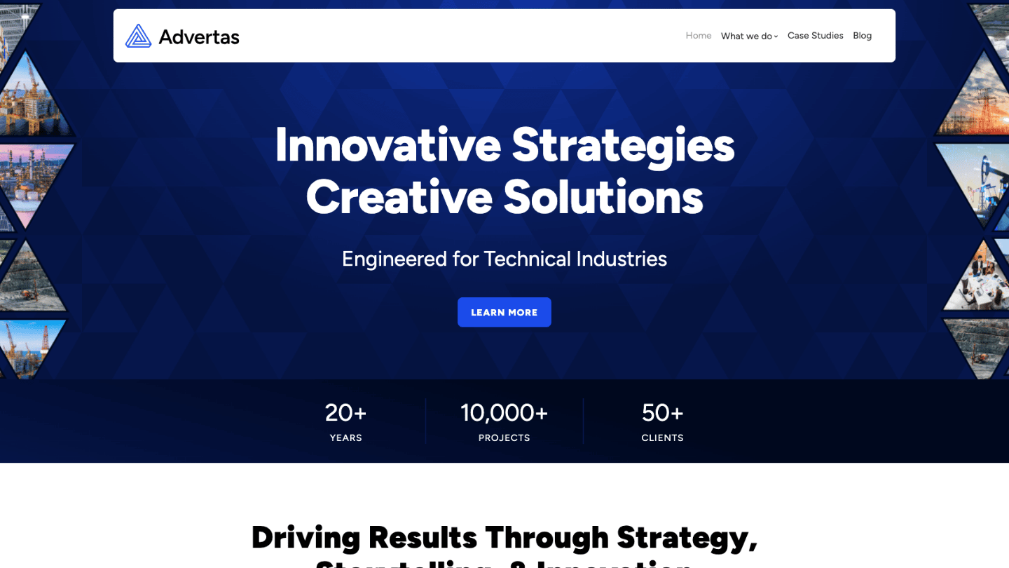 Advertas homepage highlighting energy and technology B2B marketing, public relations, and demand generation