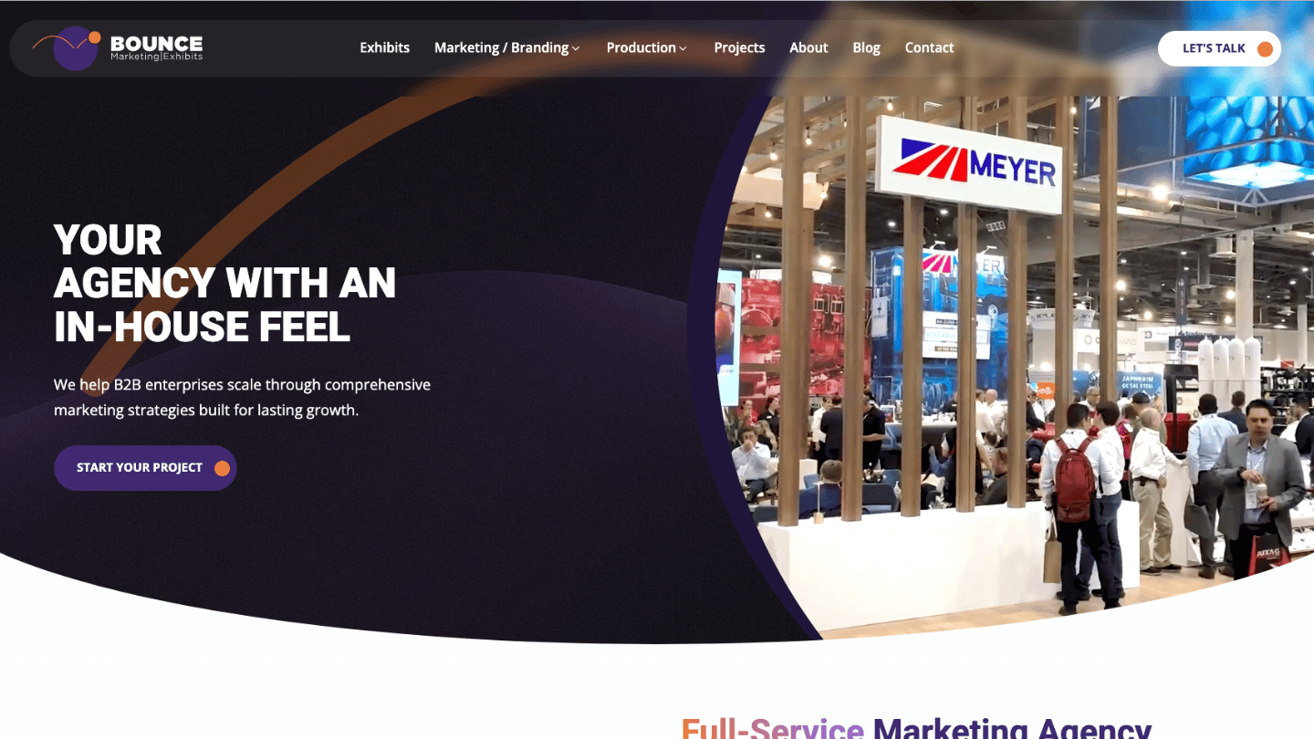 Bounce homepage featuring B2B branding, web design, video production, and trade show marketing in Houston