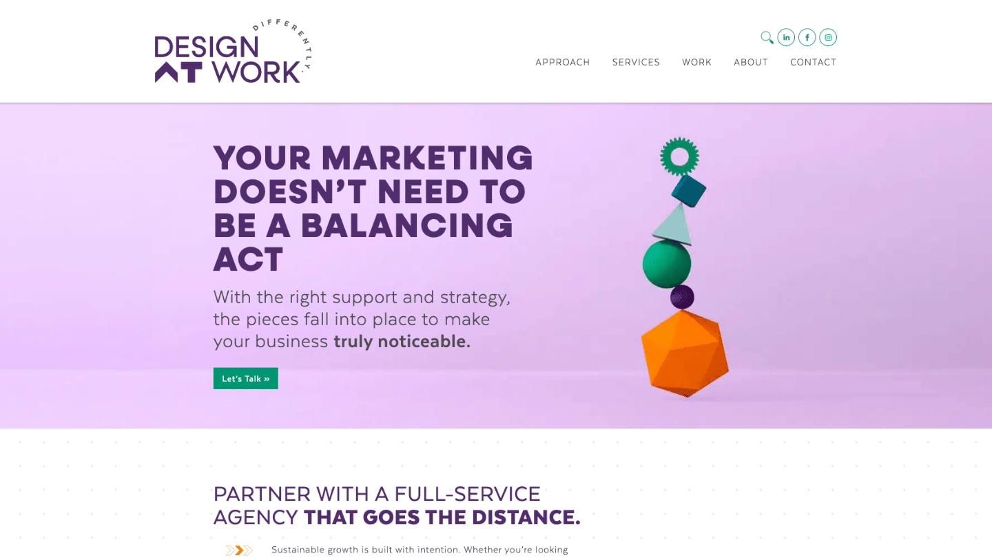 Design At Work homepage featuring B2B branding, web design, and integrated marketing services in Houston
