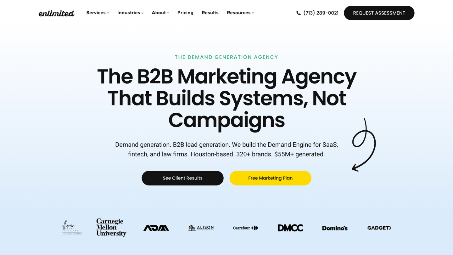 Enlimited homepage showing its B2B marketing agency positioning and Demand Engine for Houston companies
