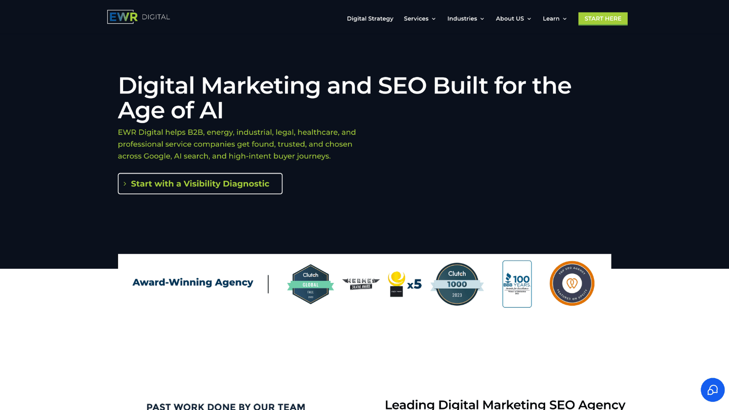 EWR Digital homepage showing B2B SEO, PPC, and AI search visibility services in Houston