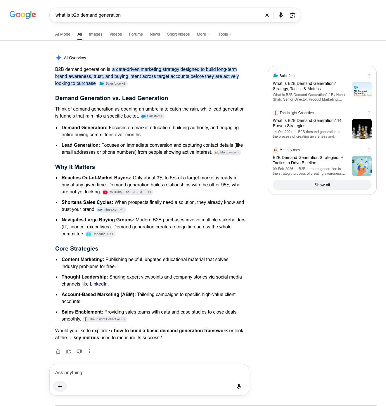 Google AI Overview with supporting source links for a B2B demand generation search query