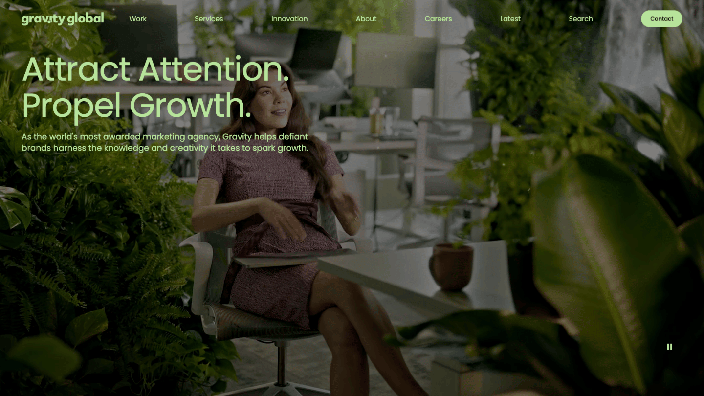 Gravity Global Houston homepage showing integrated B2B marketing, brand, and demand generation services