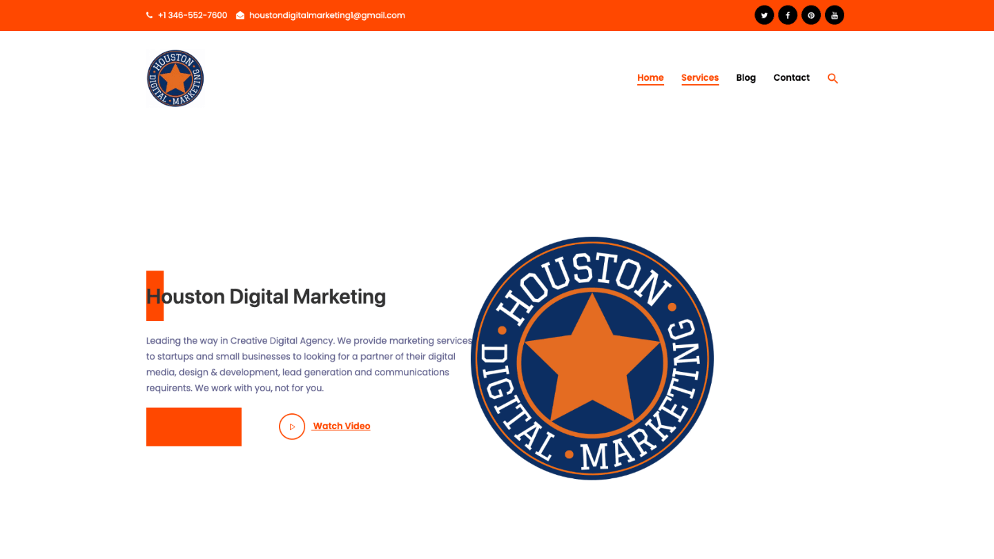 Houston Digital Marketing homepage showing local SEO, website design, and digital marketing services