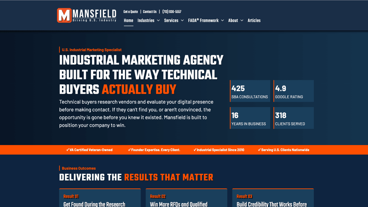 Mansfield Marketing homepage featuring industrial B2B marketing and lead generation services in Houston