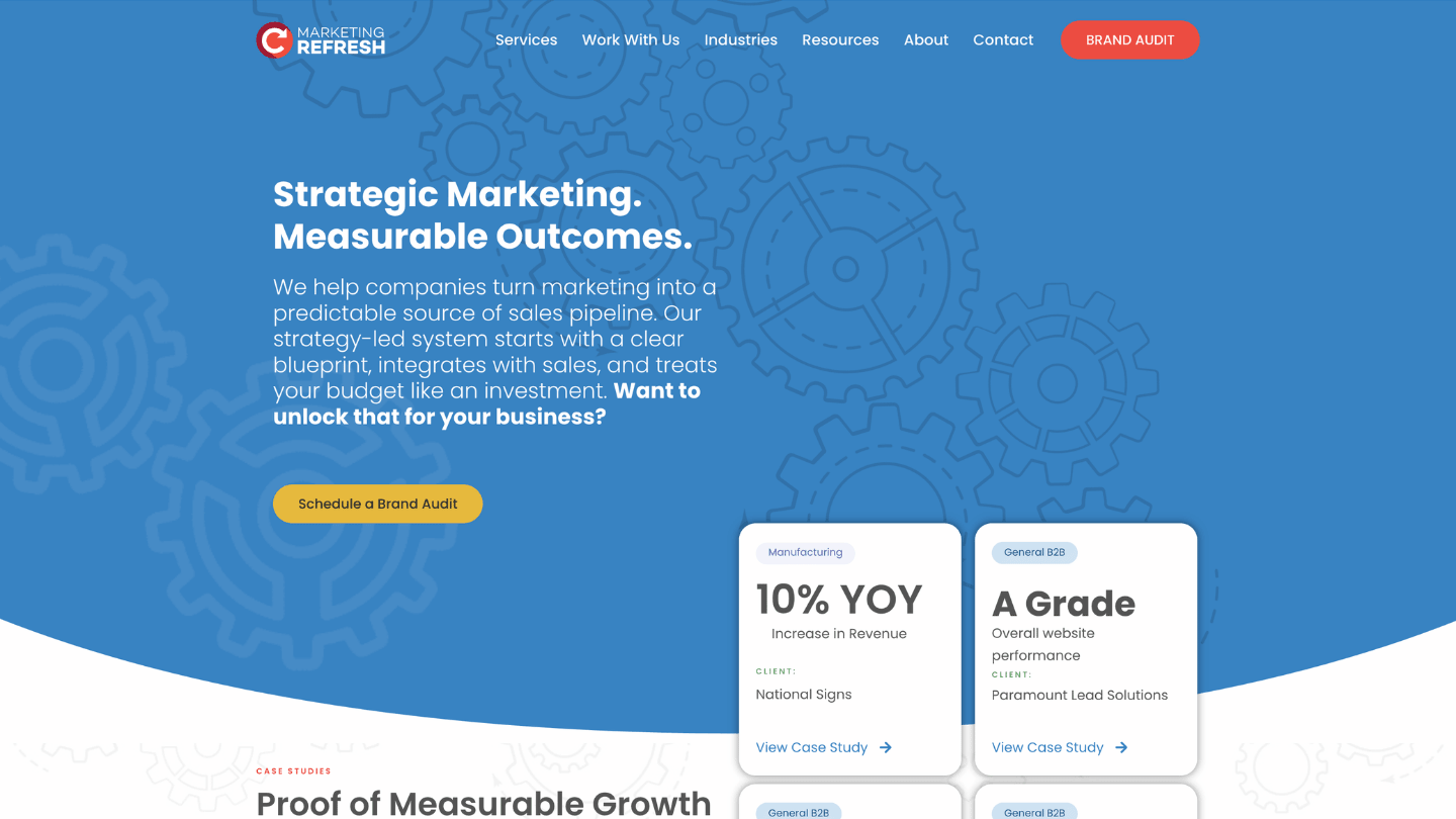 Marketing Refresh homepage featuring B2B digital marketing, SEO, paid media, and website services in Houston