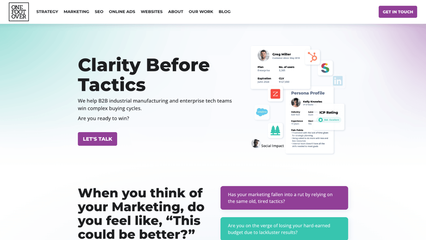 One Foot Over homepage showing B2B marketing strategy, demand generation, and digital services in Houston