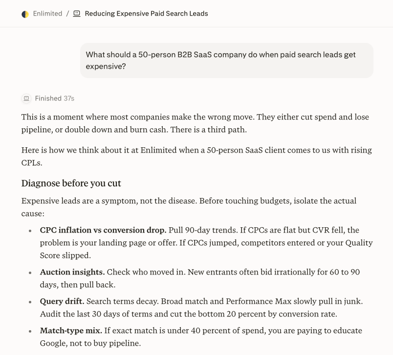 Perplexity AI answer citing multiple sources for a B2B SaaS paid search question, showing generative engine optimization in action