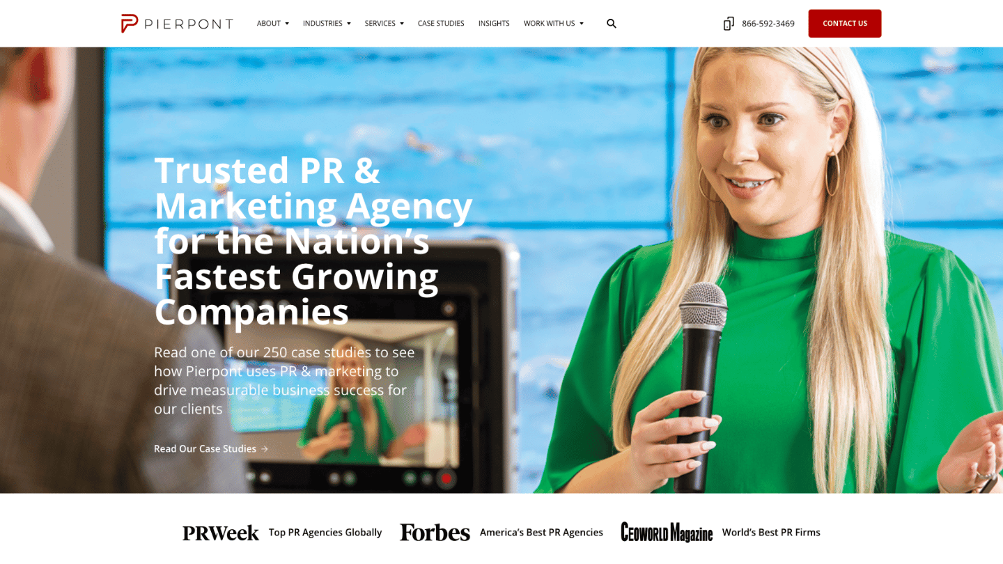 Pierpont Communications homepage highlighting B2B public relations, marketing, and communications services in Houston