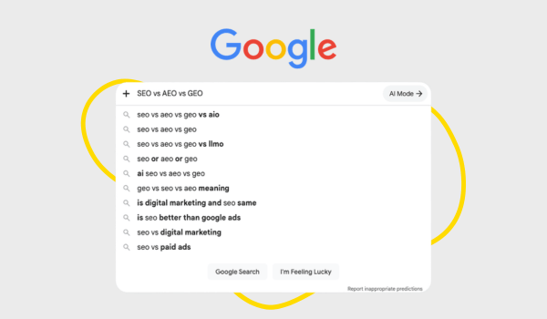 Google search bar autocomplete showing related queries for SEO vs AEO vs GEO vs AIO, illustrating rising B2B search intent around AI search terms