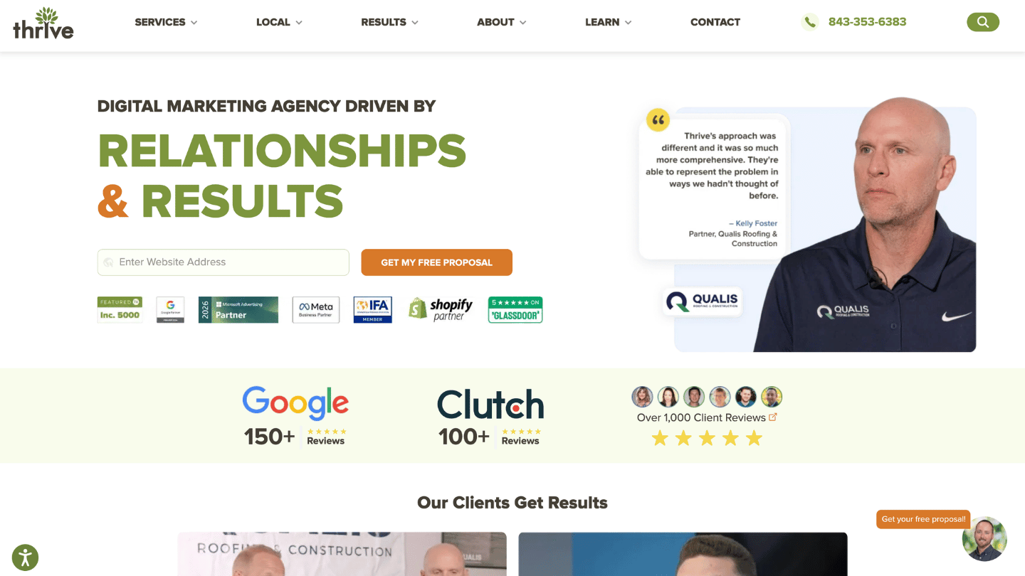 Thrive Internet Marketing Agency homepage showing SEO, PPC, web design, and digital marketing services in Houston