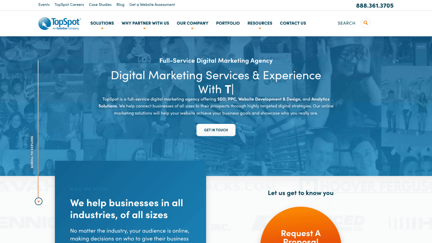 TopSpot homepage highlighting industrial B2B SEO, paid media, and web design services in Houston
